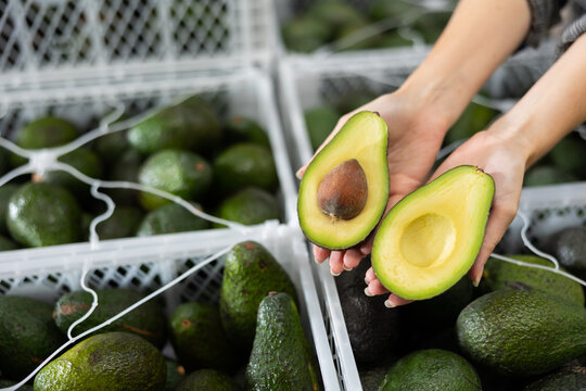 Close-up of two halves of ripe hass avocado in hands of female fruit sorting factory worker..