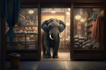 Fototapeta na wymiar An elephant in a china shop, clumsy and dangerous. Ai generated.