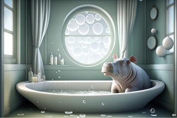Illustration of a cute hippopotamus taking a bath in a modern hotel bathroom. AI generated