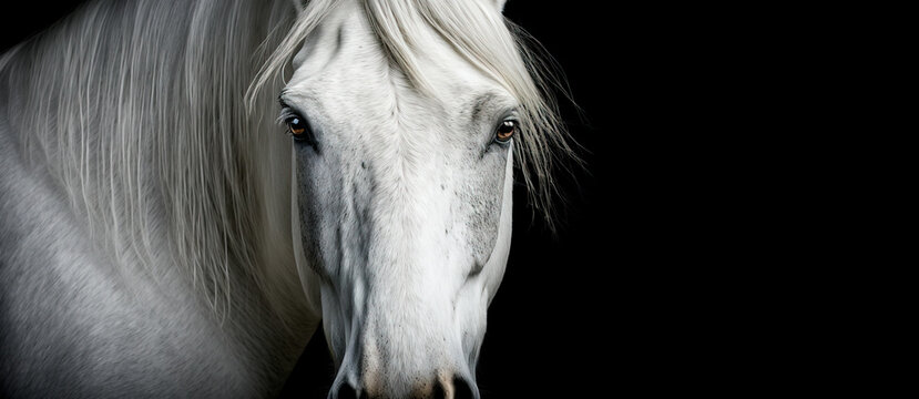 White horse portrait, close up image of a white horses head on a black background, image created with generative ai.