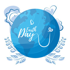 Isolated blue earth globe with leaves sketches Happy earth day Vector