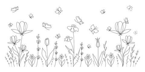 Beauty floral pattern on the white background. Meadow with abstract flowers and flying butterflies. Black silhouettes. Doodle style. Vector illustration botanical art.