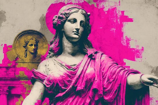 Fototapeta Trendy psychedelic paper collage with Greek statue and vintage clippings from old newspapers and magazines. AI generation.