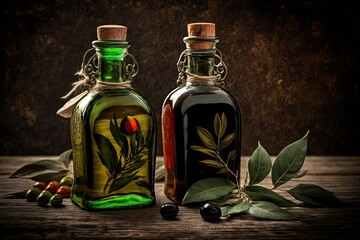 Old bottles of olive oil on a wooden table, with a few black and green olives and some leaves for text space. Generative AI