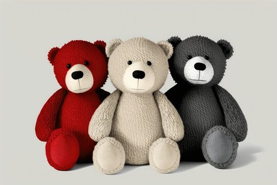Stuffed toys, or teddy bears. Lovely stuffed animal. Bears in red and beige on a white background. Generative AI