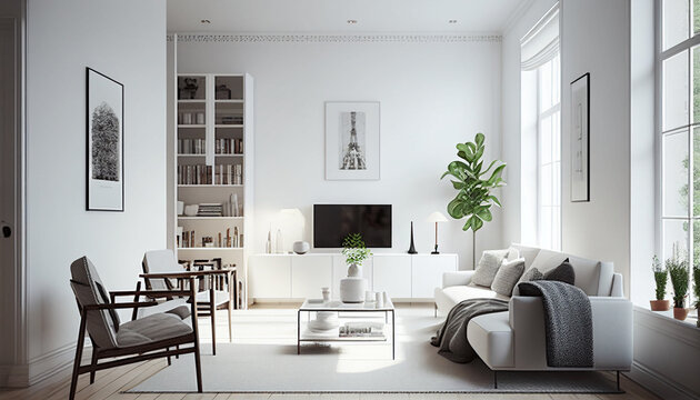 A photo of a clean white living room, generative AI