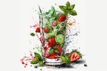Strawberry mojito in a glass, on a white backdrop. Generative AI
