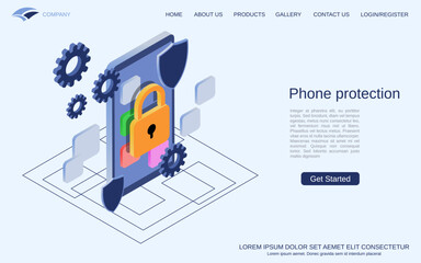 Mobile phone protection, computer security, access control flat 3d isometric style vector concept illustration