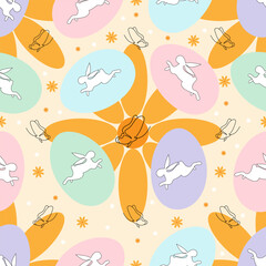 Cute groovy seamless pattern on the theme of Easter. Daisy, butterfly, white rabbit, easter egg. Design for fabric, wrapping, cover. Vector illustration in retro style.