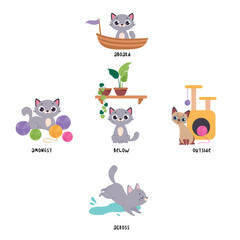 Cute Grey Cat Demonstrating Prepositions with Different Object Vector Set