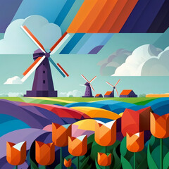 Netherlands landscape with windmills and colorful tulips in the foreground against a bright blue sky. The background features a stylized version of the Netherlands flag. generative ai