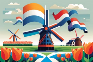 Fotobehang Netherlands landscape with windmills and colorful tulips in the foreground against a bright blue sky. The background features a stylized version of the Netherlands flag. generative ai © Kristian