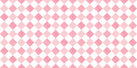Seamless diagonal gingham checker pattern in pastel pink and white. Contemporary light barbiecore linen textured diamond background. Baby girl's trendy striped checks textile or nursery wallpaper.
