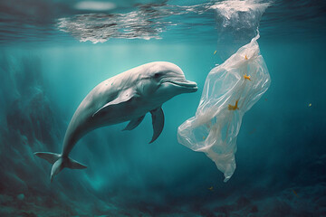 Dolpin swimming with a plastic bag ocean pollution.
Ecology, sustainable development and recycling concept.