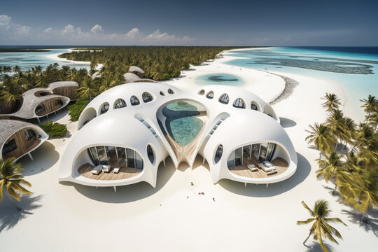 Luxury resort on Maldives island. Award winning architecture on the white beach.