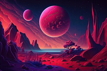 Earth like alien planet in red landscape Planets Saturn or Jupiter under a purple starry sky, craters dotting the Martian landscape. Cartoon scenery, video game level of an alien planet, and a fantas
