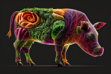 Meat made of plants on dark background (AI Generated).