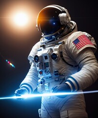 an astronaut standing against a black background with a single point of light