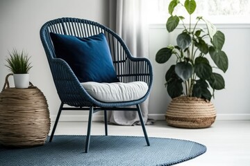 Fototapeta na wymiar White room with wicker carpet and blue armchair. Generative AI