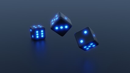 Rolling blue Dice Glow in the Dark, glowing lights, neon, casino gambling, dice roll, correct numbering, realistic 3D Rendering.