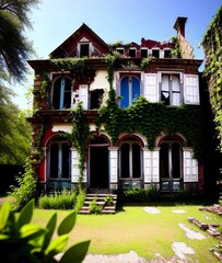 Fototapeta premium an abandoned building with large windows being reclaimed by nature, plants growing on the side of an abandoned building