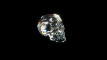 glass skull 3d render on black background, dark crystal skull art, shiny 