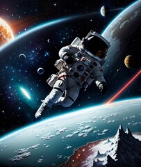 fantasy illustration of an astronaut floating above the earth with planets in the background