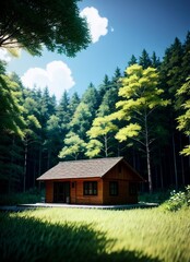 Obraz premium a wooden cabin in the woods, it is day time and the sky is blue