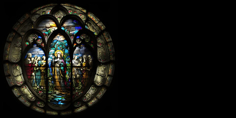 stained glass window in gothic style with black background, generative AI