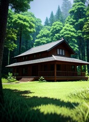 Fototapeta premium a large wooden cabin in the middle of the woods, the wood is dark and it is day time