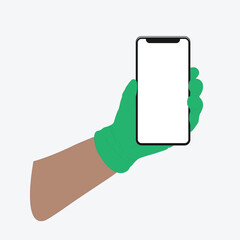 Mobile phone in a man's hand, hand in a medical, rubber glove.