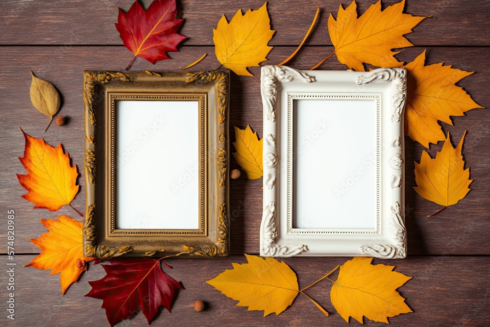 Poster Shabby Chic autumnal background with two photo frames and leaves on wooden boards. Copy space No content here; use it for decoration, writing, or advertising. Generative AI