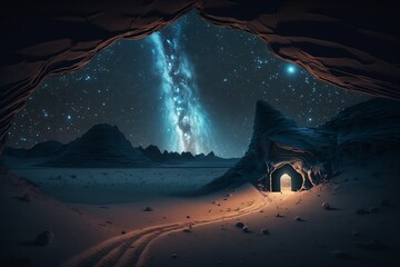 Mysterious Doorway Under a Luminous Night Sky Filled with Stars Created by Generative AI Technology