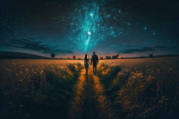 Obraz na płótnie Canvas Couple walking beneath the stars - Generative AI