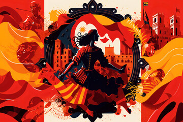 Vibrant culture of Spain, featuring flamenco dancers, bullfighting, tapas, and intricate tile work commonly found in Spanish architecture. The Spanish flag serves as the background. generative ai - obrazy, fototapety, plakaty