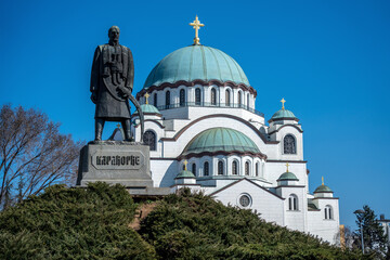 Temple of Saint Sava (Sveti Sava) in Belgrade, Serbia.  One of largest Orthodox churches in the world. Monument of  Karadjordje - leader of the Serbs in their struggle for independence from the Turks.
