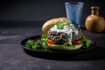 Lamb burger with yogurt sauce on a black ceramic plate, generative AI