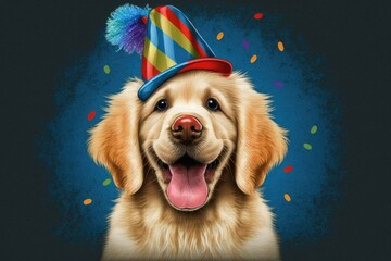 The golden retriever puppy is smiling and wearing a jester hat and a colorful clown tie. Generative AI