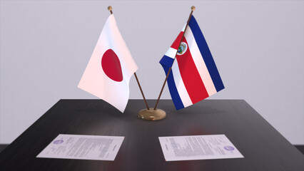 Costa Rica and Japan national flags, political deal, diplomatic meeting. Politics and business 3D illustration
