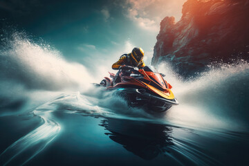 A person on a jet ski in the water, airbrush painting. Generative AI