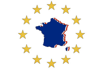 france, the silhouette of france with the stars of the european union, france today is at the heart of the eurozone and the european community.