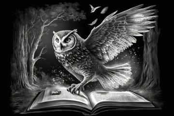 Artistic interpretation of a wise owl with a flying book in a fantastical setting. Generative AI