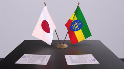 Ethiopia and Japan national flags, political deal, diplomatic meeting. Politics and business 3D illustration