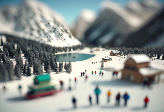 Ai-Generated 3D Tilt-Shift Adventure: Skiing and Snowboarding Fun on Snowy Mountainsides!