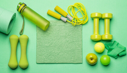 green fitness background.green fitness equipment on green background for background banner