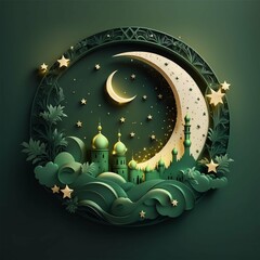 Luxury Green Ramadan Nights: 3D Sparkling Moon and Stars