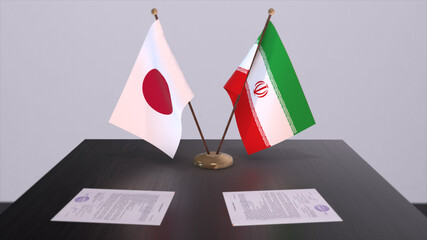 Iran and Japan national flags, political deal, diplomatic meeting. Politics and business 3D illustration