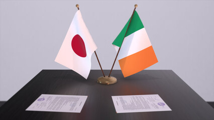 Ireland and Japan national flags, political deal, diplomatic meeting. Politics and business 3D illustration