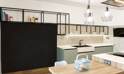 Photo of a modern kitchen in sage green, it has an XXL blackboard on the wall to write on.