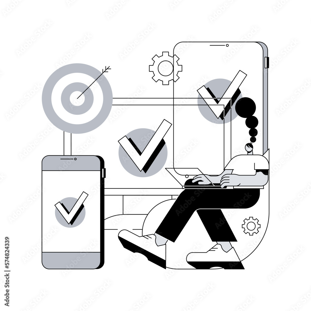Poster cross-device tracking abstract concept vector illustration. multi device use and reports, one user p